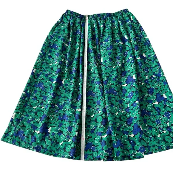 Vintage Leslie Fay Green and Blue Floral Midi Skirt Elasticized Waist Size 8 - Picture 9 of 10